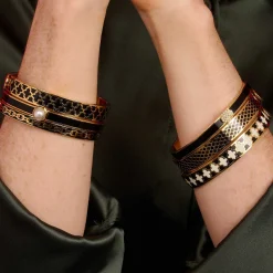 Halcyon Days Hinged Bangles*Agama Black, Cream Gold Hinged Enamel Bangle |