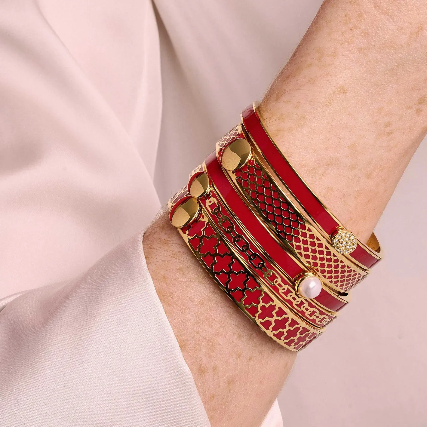 Halcyon Days Hinged Bangles*Agama Red & Gold Hinged Enamel Bangle |