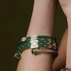 Halcyon Days Hinged Bangles*Bee Sparkle Trellis Emerald Gold Bangle |