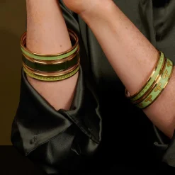 Halcyon Days Enamel Bangles*Enamel Bangle In Green & Gold |
