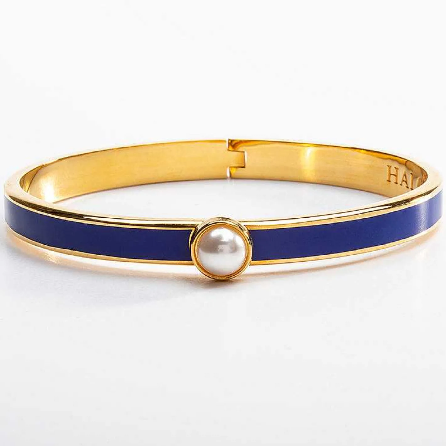 Halcyon Days Hinged Bangles*Skinny Cabochon Pearl Cobalt & Gold Bangle |