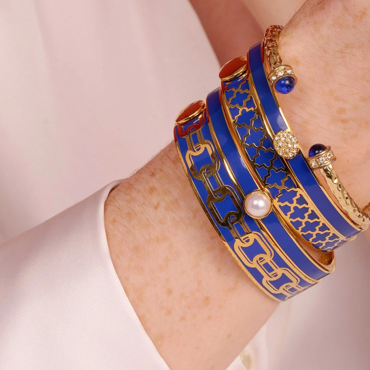 Halcyon Days Hinged Bangles*Skinny Cabochon Pearl Cobalt & Gold Bangle |