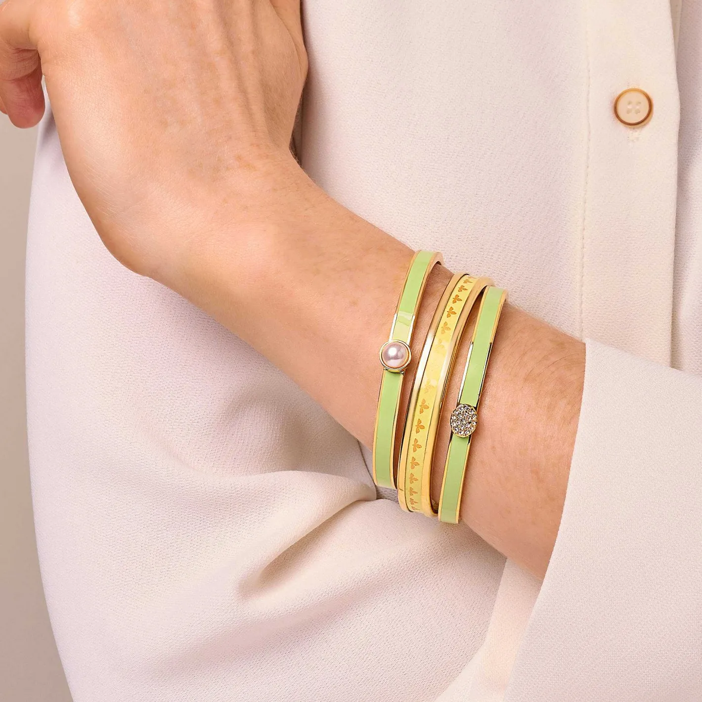 Halcyon Days Hinged Bangles*Skinny Cabochon Pearl Meadow & Gold Bangle