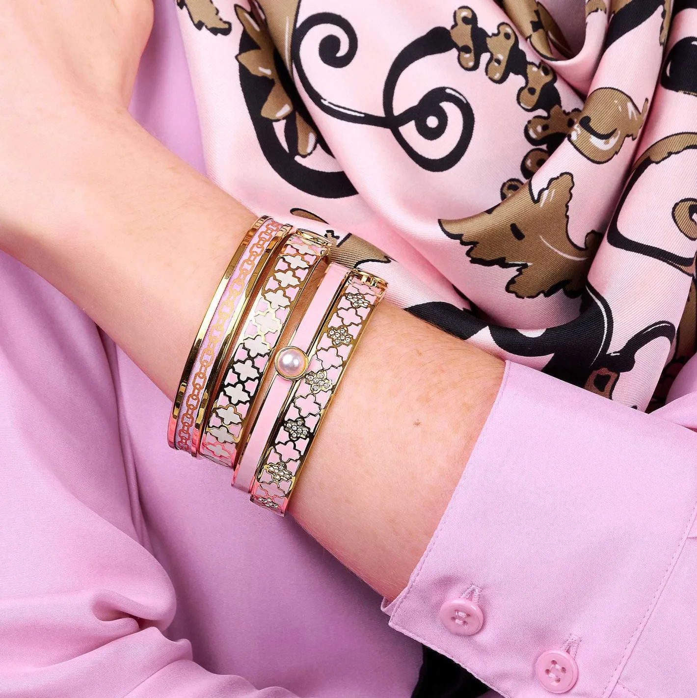 Halcyon Days Enamel Bangles*Skinny Chain Pale Pink & Gold Enamel Bangle |